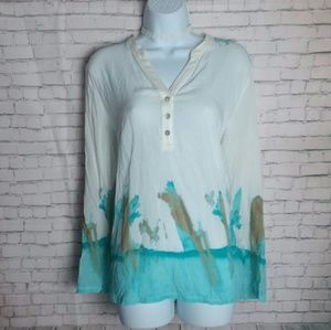 TRIBELLA watercolor teal and white boho blouse